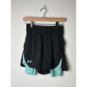 NWT Under Armour Elevated Woven 2in1 Running Shorts‎ Black Teal Womens Small